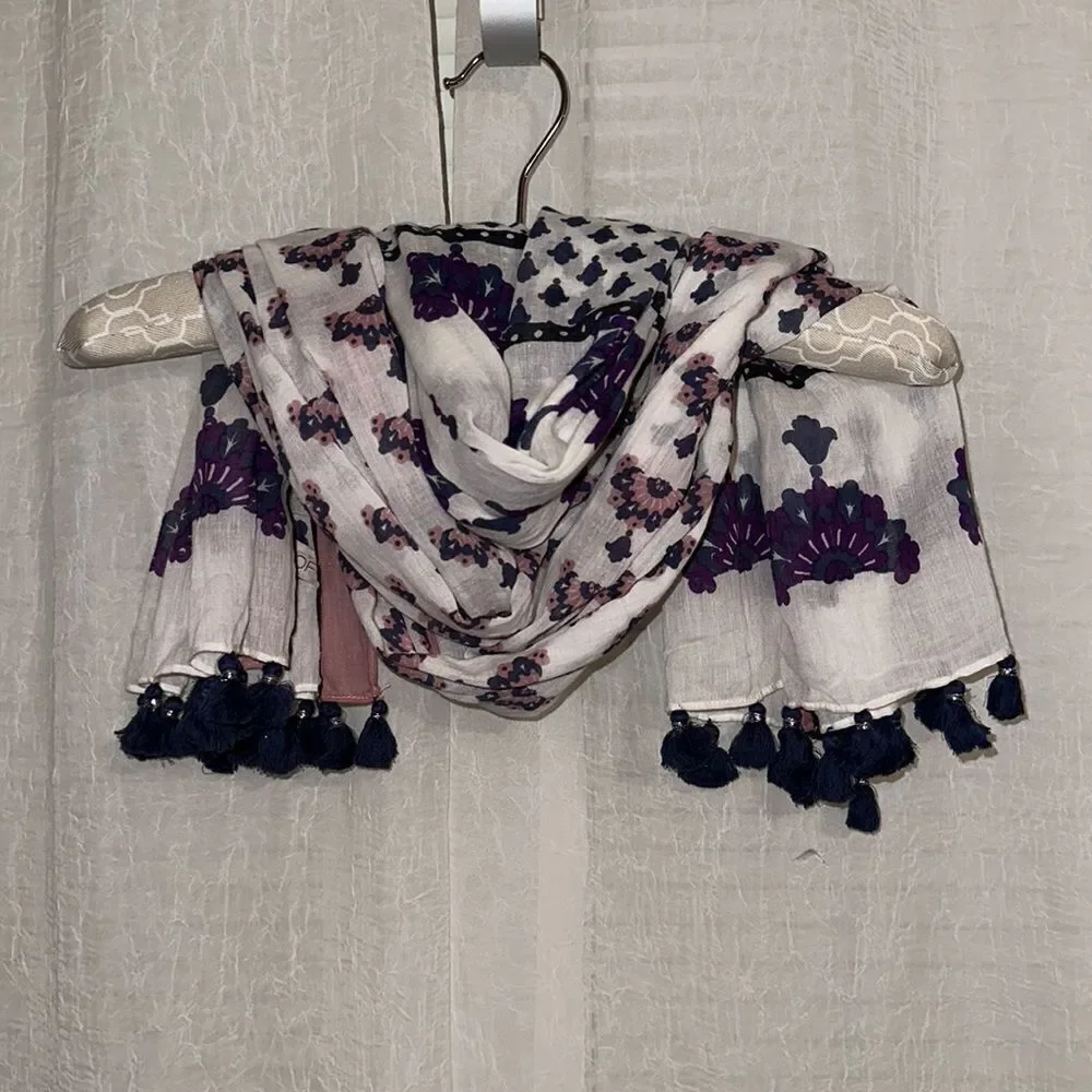 LOFT White Blush Pink Indigo Purple Silver Metallic Floral Tasseled Scarf Wrap
